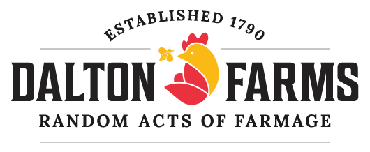 Dalton Farms NJ Logo with a Yellow Chicken and a Bee graphic